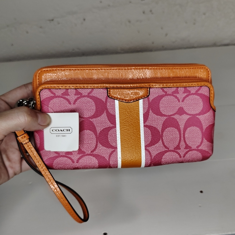 Coach Signature Stripe Double Zip Wristlet NWT